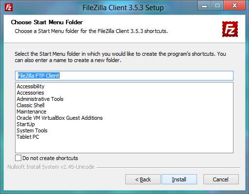 FileZilla Installer - Choosing Start Menu Folder