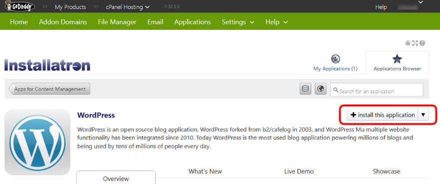 Installing WordPress - Installatron Applications Browser