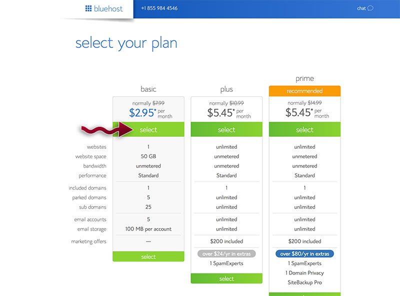 Create a blog - Select Bluehost hosting plan