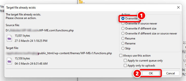 FileZilla overwrite existing functions.php file